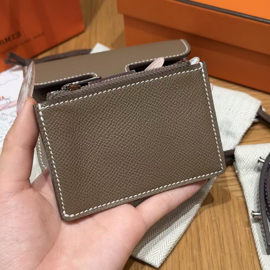 Hermes Constance Slim Wallet Handmade In Epsom Calfskin Leather Silver Hardware 18 Etoupe - Image 8