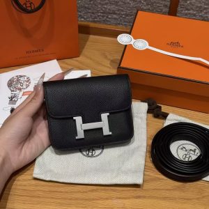 Hermes Constance Slim Wallet Handmade In Epsom Calfskin Leather Silver Hardware 89 Noir
