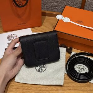 Hermes Constance Slim Wallet Handmade In Epsom Calfskin Leather Silver Hardware 89 Noir - Image 2