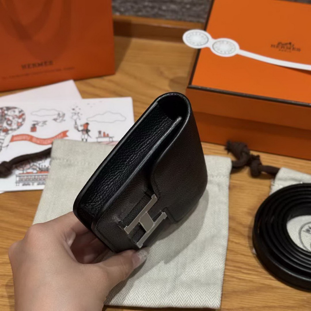 Hermes Constance Slim Wallet Handmade In Epsom Calfskin Leather Silver Hardware 89 Noir - Image 20