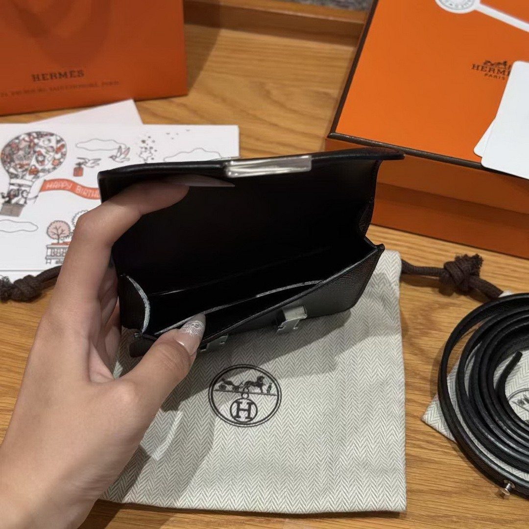 Hermes Constance Slim Wallet Handmade In Epsom Calfskin Leather Silver Hardware 89 Noir - Image 15