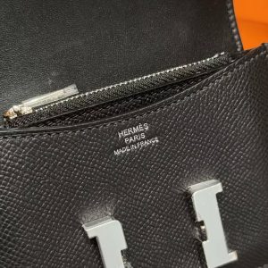 Hermes Constance Slim Wallet Handmade In Epsom Calfskin Leather Silver Hardware 89 Noir - Image 14