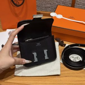 Hermes Constance Slim Wallet Handmade In Epsom Calfskin Leather Silver Hardware 89 Noir - Image 13
