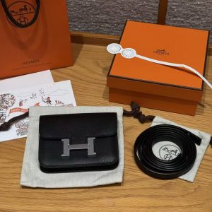 Hermes Constance Slim Wallet Handmade In Epsom Calfskin Leather Silver Hardware 89 Noir - Image 12