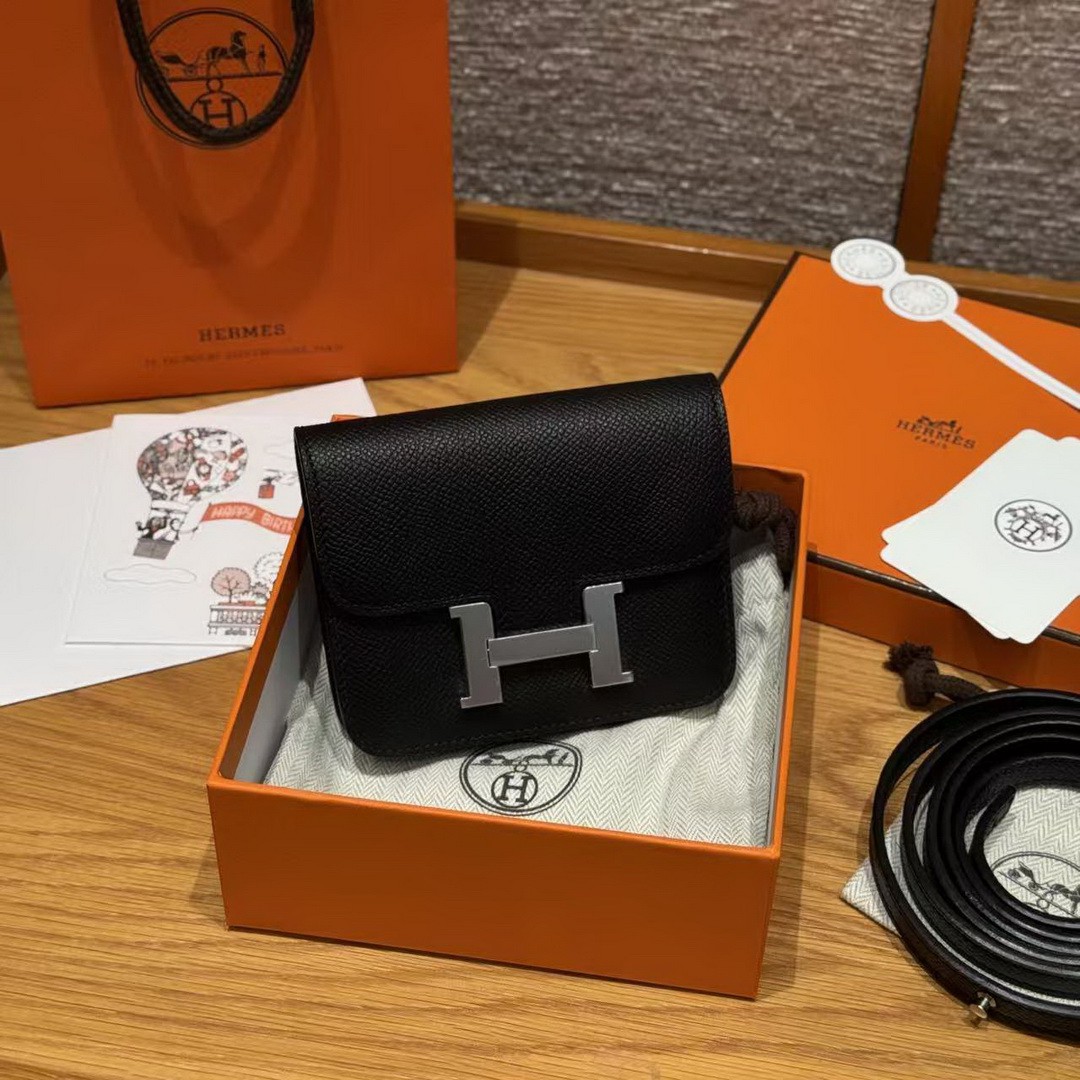 Hermes Constance Slim Wallet Handmade In Epsom Calfskin Leather Silver Hardware 89 Noir - Image 11