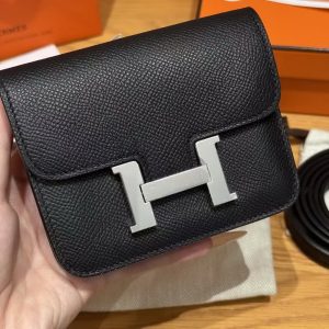 Hermes Constance Slim Wallet Handmade In Epsom Calfskin Leather Silver Hardware 89 Noir - Image 10