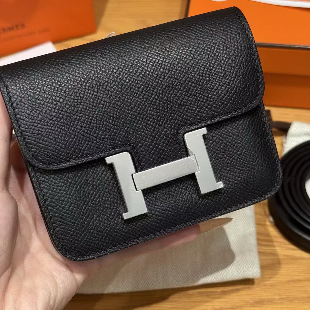 Hermes Constance Slim Wallet Handmade In Epsom Calfskin Leather Silver Hardware 89 Noir - Image 10
