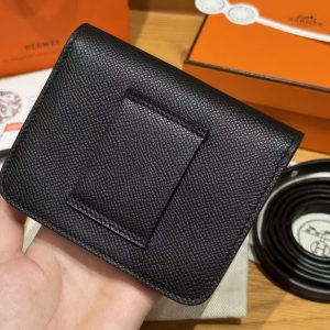 Hermes Constance Slim Wallet Handmade In Epsom Calfskin Leather Silver Hardware 89 Noir - Image 9