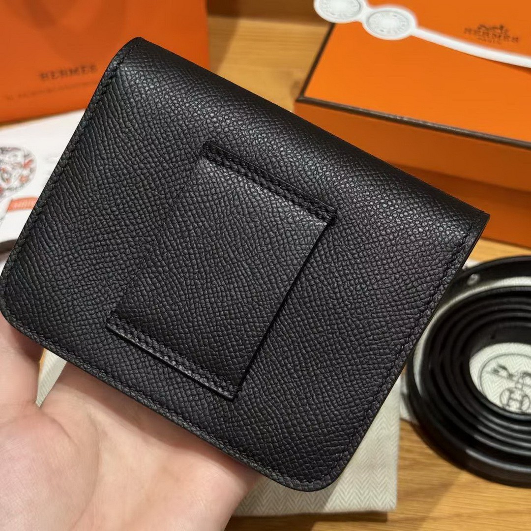 Hermes Constance Slim Wallet Handmade In Epsom Calfskin Leather Silver Hardware 89 Noir - Image 9