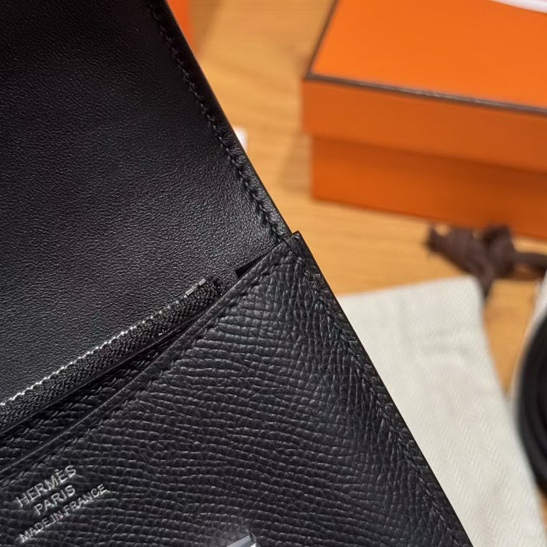 Hermes Constance Slim Wallet Handmade In Epsom Calfskin Leather Silver Hardware 89 Noir - Image 7