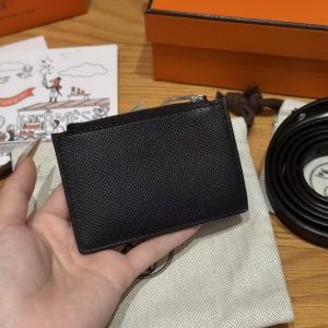 Hermes Constance Slim Wallet Handmade In Epsom Calfskin Leather Silver Hardware 89 Noir - Image 4