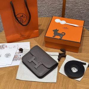 Hermes Constance Slim Wallet Handmade In Epsom Calfskin Leather Silver Hardware 8F Gris Etain - Image 8