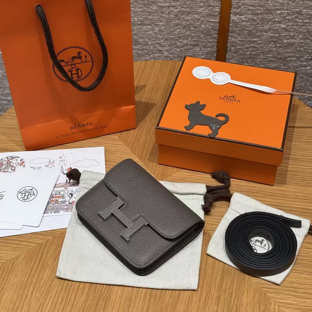 Hermes Constance Slim Wallet Handmade In Epsom Calfskin Leather Silver Hardware 8F Gris Etain - Image 8