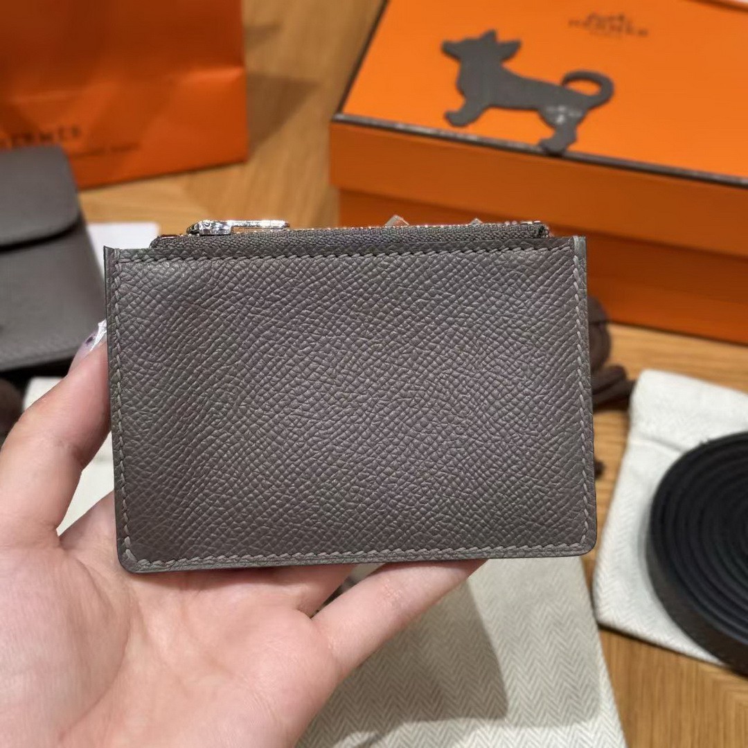 Hermes Constance Slim Wallet Handmade In Epsom Calfskin Leather Silver Hardware 8F Gris Etain - Image 5