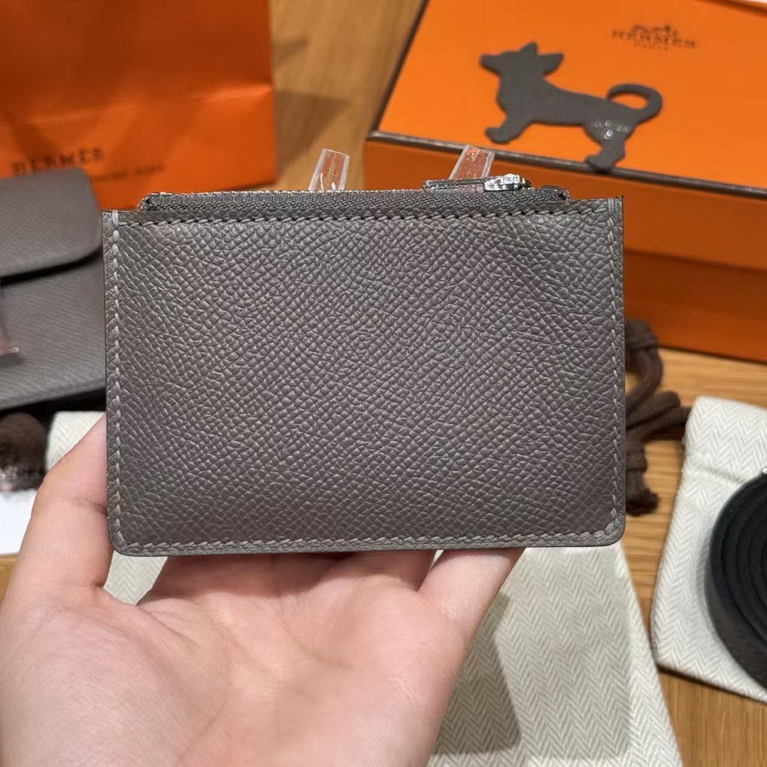 Hermes Constance Slim Wallet Handmade In Epsom Calfskin Leather Silver Hardware 8F Gris Etain - Image 4