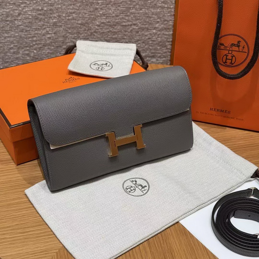 Hermes Constance To Go Wallet Handmade In Epsom Calfskin Leather Gold Hardware 0L Gris Meyer