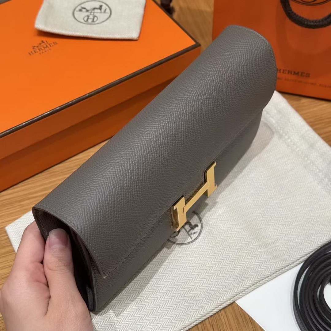 Hermes Constance To Go Wallet Handmade In Epsom Calfskin Leather Gold Hardware 0L Gris Meyer - Image 14