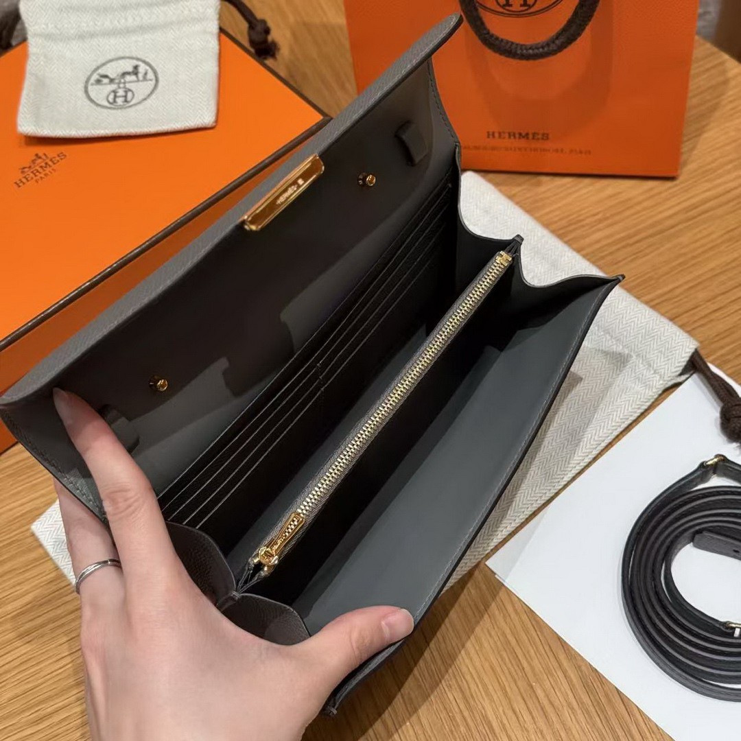 Hermes Constance To Go Wallet Handmade In Epsom Calfskin Leather Gold Hardware 0L Gris Meyer - Image 13