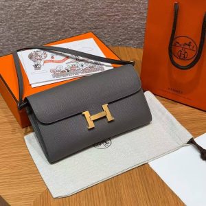 Hermes Constance To Go Wallet Handmade In Epsom Calfskin Leather Gold Hardware 0L Gris Meyer - Image 4