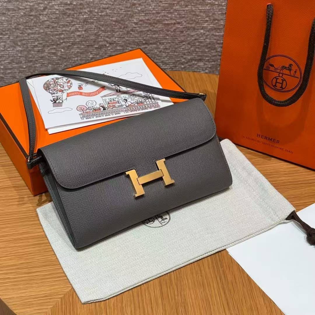 Hermes Constance To Go Wallet Handmade In Epsom Calfskin Leather Gold Hardware 0L Gris Meyer - Image 4