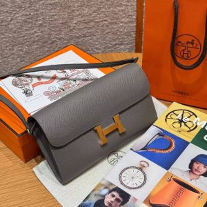 Hermes Constance To Go Wallet Handmade In Epsom Calfskin Leather Gold Hardware 0L Gris Meyer - Image 3