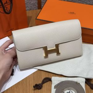 Hermes Constance To Go Wallet Handmade In Epsom Calfskin Leather Gold Hardware 10 Craie