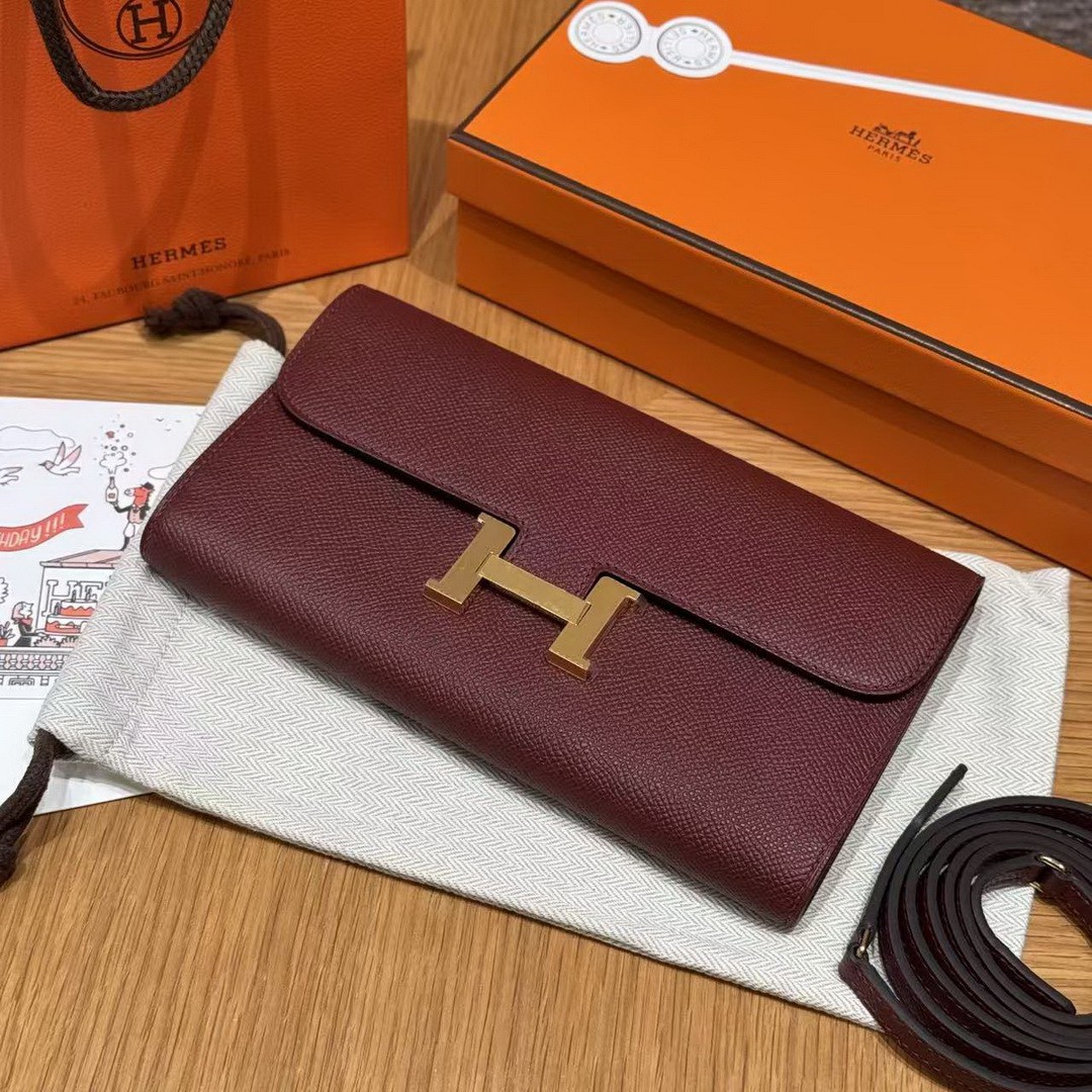 Hermes Constance To Go Wallet Handmade In Epsom Calfskin Leather Gold Hardware 55 Rouge - Image 12