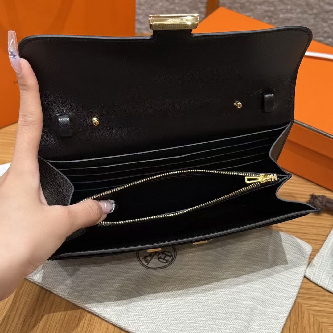 Hermes Constance To Go Wallet Handmade In Epsom Calfskin Leather Gold Hardware 89 Noir - Image 12