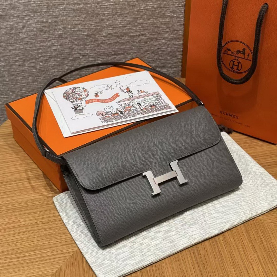 Hermes Constance To Go Wallet Handmade In Epsom Calfskin Leather Silver Hardware 0L Gris Meyer