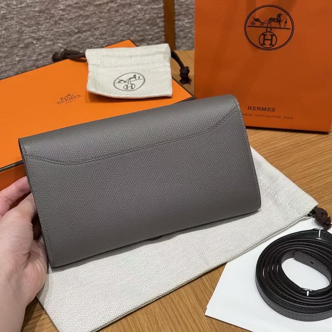Hermes Constance To Go Wallet Handmade In Epsom Calfskin Leather Silver Hardware 0L Gris Meyer - Image 2