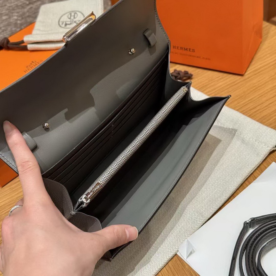 Hermes Constance To Go Wallet Handmade In Epsom Calfskin Leather Silver Hardware 0L Gris Meyer - Image 14