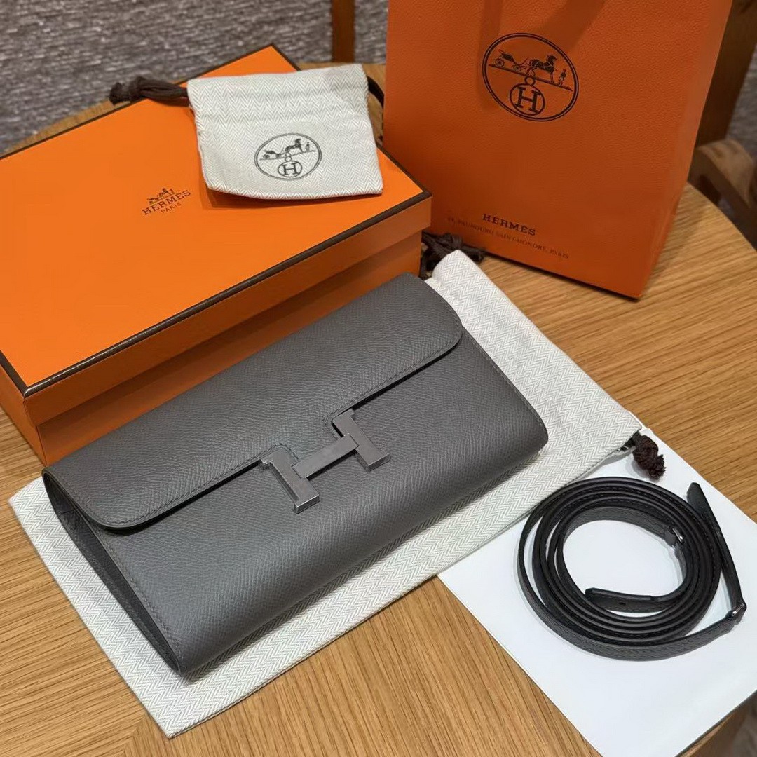 Hermes Constance To Go Wallet Handmade In Epsom Calfskin Leather Silver Hardware 0L Gris Meyer - Image 10