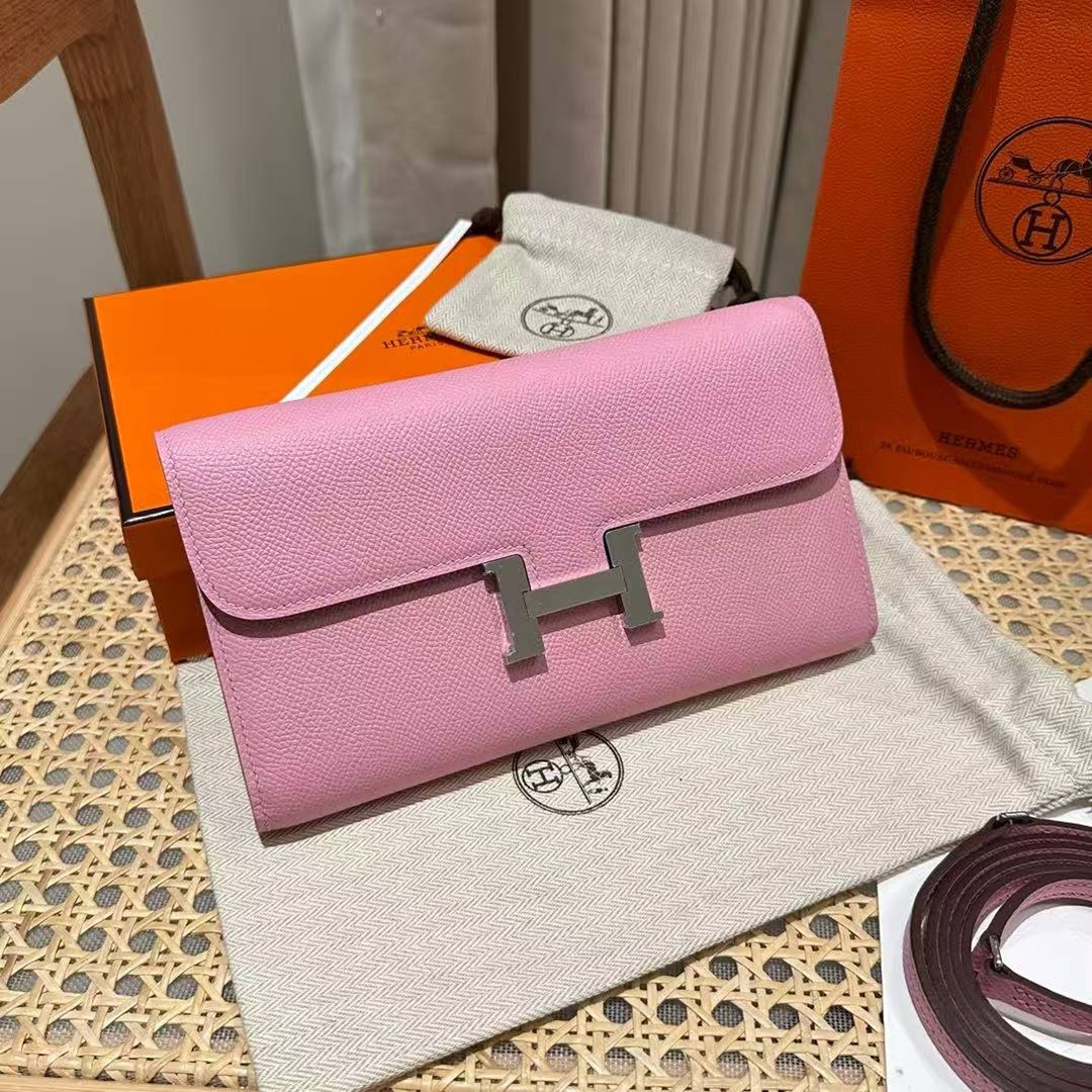 Hermes Constance To Go Wallet Handmade In Epsom Calfskin Leather Silver Hardware X9 Mauve Sylvestre