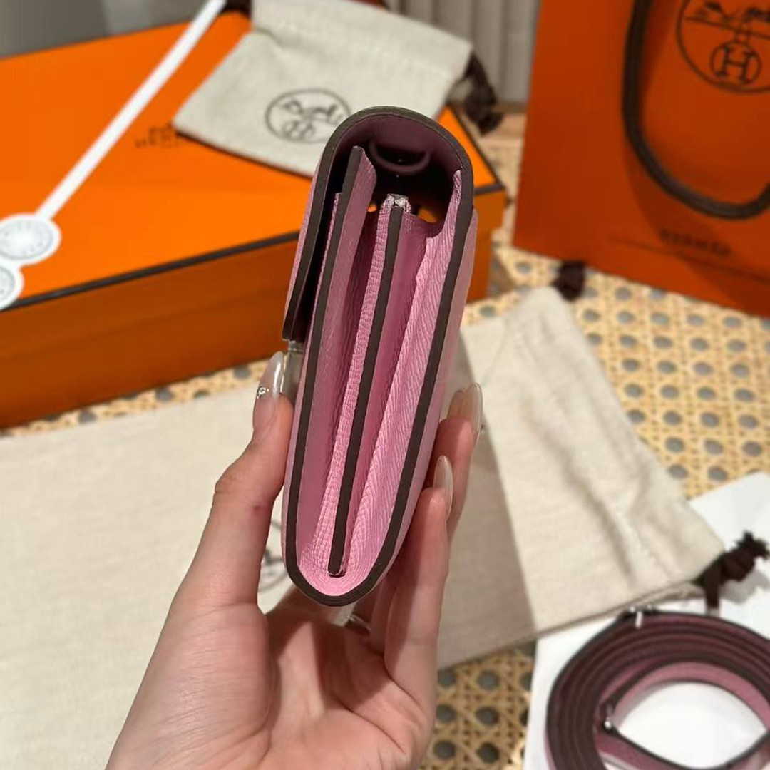 Hermes Constance To Go Wallet Handmade In Epsom Calfskin Leather Silver Hardware X9 Mauve Sylvestre - Image 18