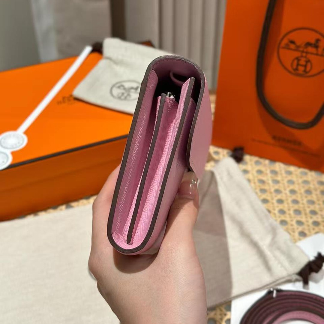 Hermes Constance To Go Wallet Handmade In Epsom Calfskin Leather Silver Hardware X9 Mauve Sylvestre - Image 17
