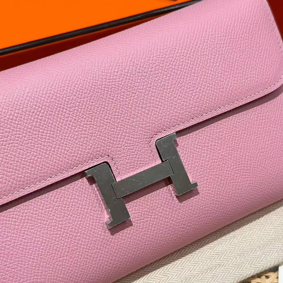 Hermes Constance To Go Wallet Handmade In Epsom Calfskin Leather Silver Hardware X9 Mauve Sylvestre - Image 14