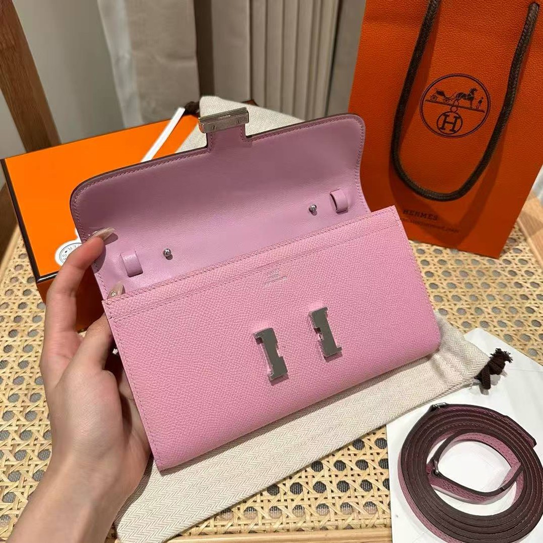 Hermes Constance To Go Wallet Handmade In Epsom Calfskin Leather Silver Hardware X9 Mauve Sylvestre - Image 13