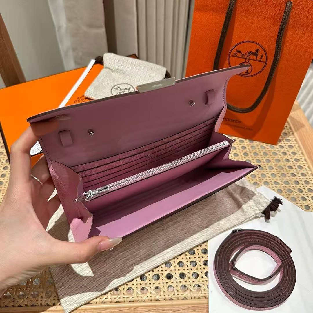 Hermes Constance To Go Wallet Handmade In Epsom Calfskin Leather Silver Hardware X9 Mauve Sylvestre - Image 12