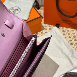 Hermes Constance To Go Wallet Handmade In Epsom Calfskin Leather Silver Hardware X9 Mauve Sylvestre - Image 9