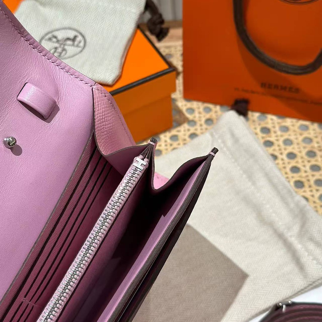 Hermes Constance To Go Wallet Handmade In Epsom Calfskin Leather Silver Hardware X9 Mauve Sylvestre - Image 9