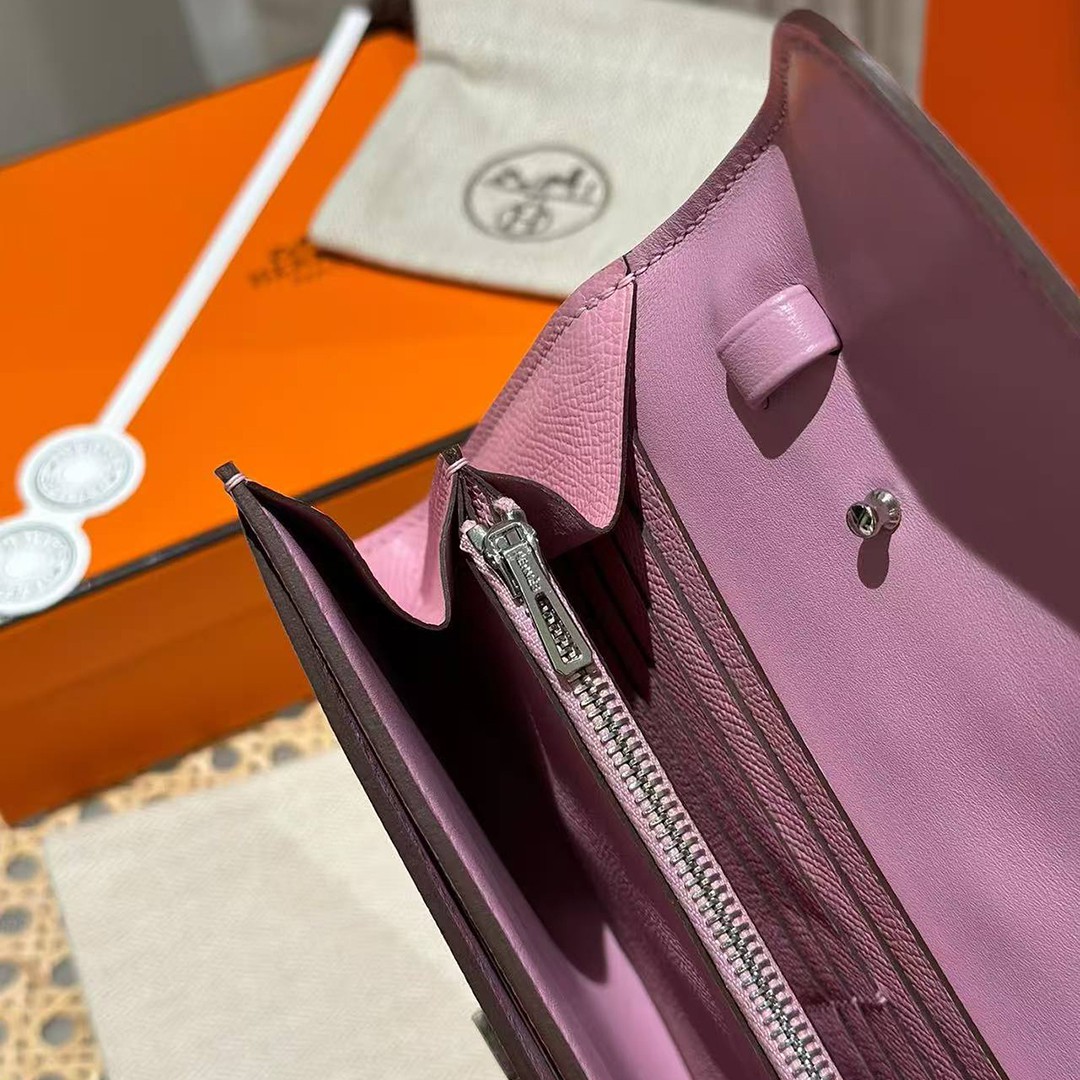 Hermes Constance To Go Wallet Handmade In Epsom Calfskin Leather Silver Hardware X9 Mauve Sylvestre - Image 8
