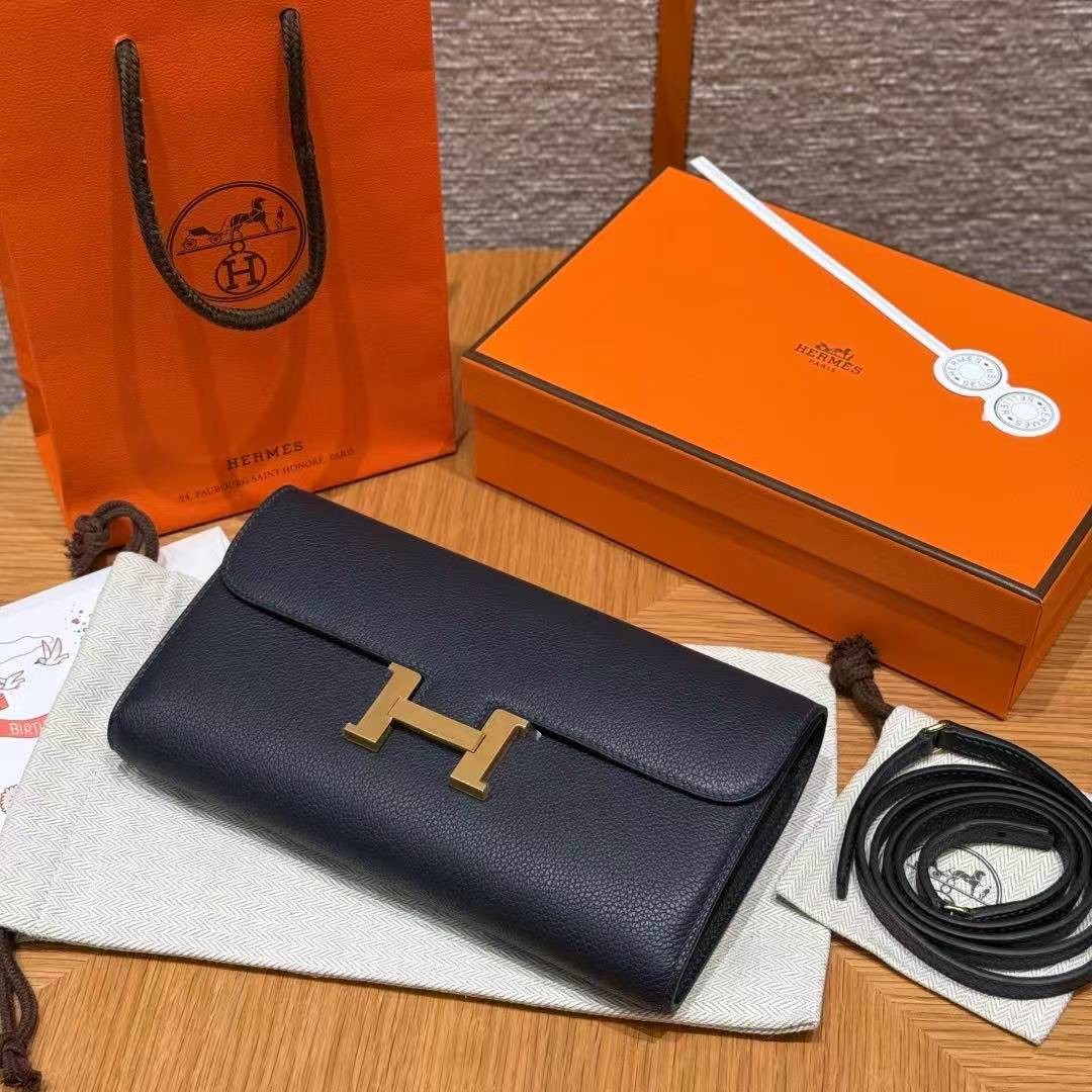 Hermes Constance To Go Wallet Handmade In Togo Calfskin Leather Gold Hardware 2Z Blue Nuit - Image 9