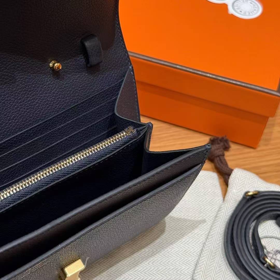 Hermes Constance To Go Wallet Handmade In Togo Calfskin Leather Gold Hardware 2Z Blue Nuit - Image 5