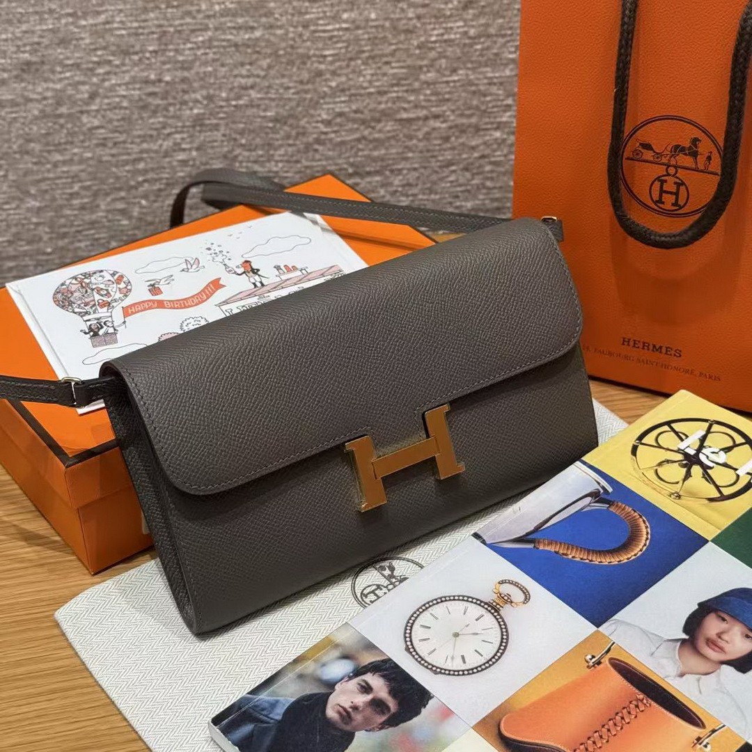 Hermes Constance To Go Wallet Handmade In Togo Calfskin Leather Gold Hardware 8F Girs Etain - Image 3