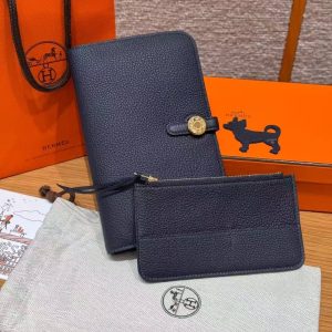 Hermes Dogon Compact Wallet Handmade In Togo Calfskin Leather Gold Hardware 2Z Blue Nuit - Image 10