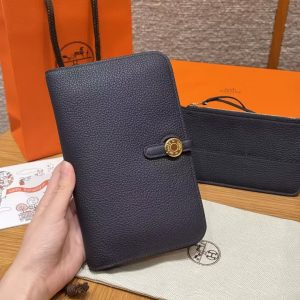 Hermes Dogon Compact Wallet Handmade In Togo Calfskin Leather Gold Hardware 2Z Blue Nuit