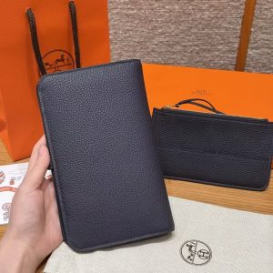 Hermes Dogon Compact Wallet Handmade In Togo Calfskin Leather Gold Hardware 2Z Blue Nuit - Image 9
