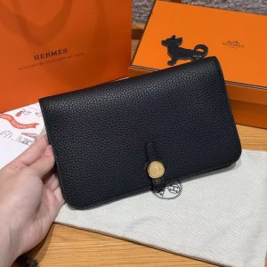Alternative view of Hermes Dogon Compact Wallet Handmade In Togo Calfskin Leather Gold Hardware 89 Noir
