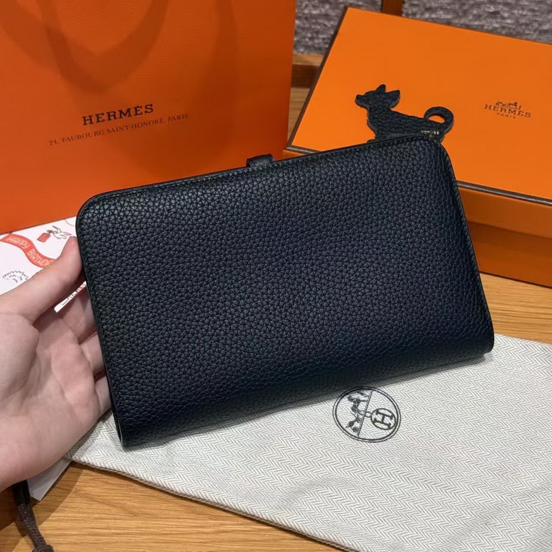 Hermes Dogon Compact Wallet Handmade In Togo Calfskin Leather Gold Hardware 89 Noir - Image 18