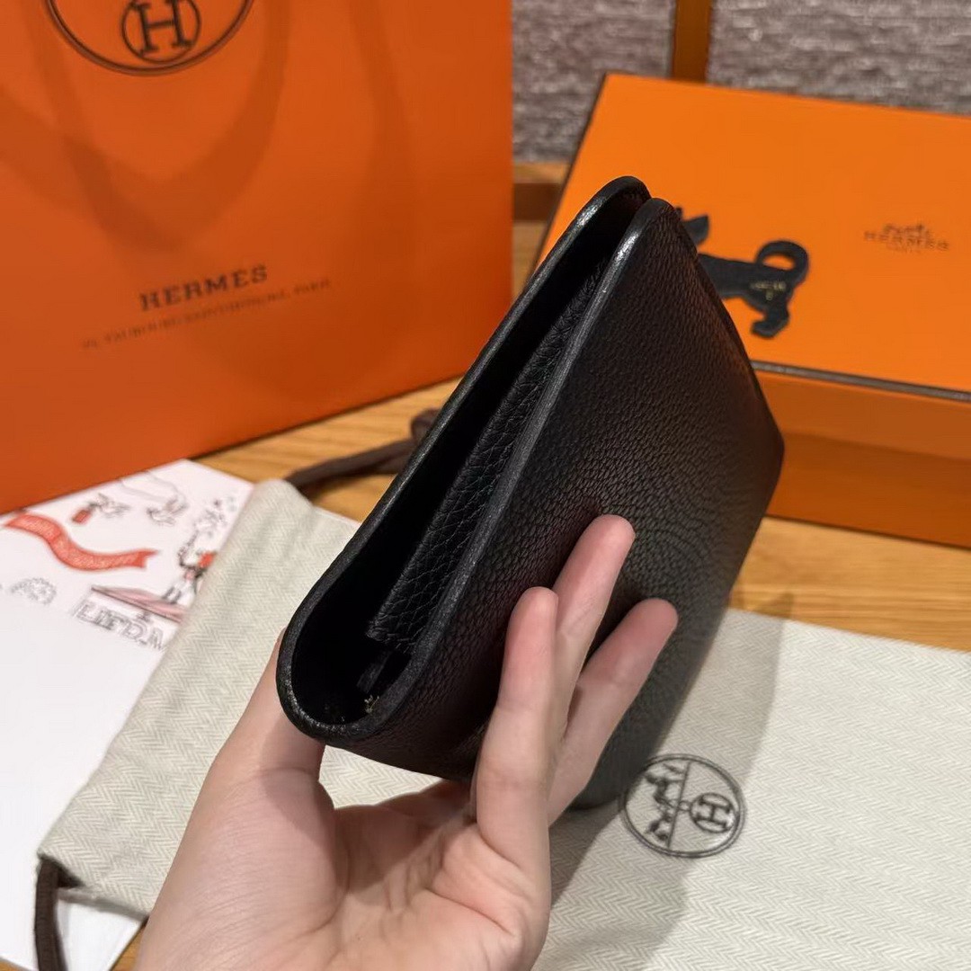 Hermes Dogon Compact Wallet Handmade In Togo Calfskin Leather Gold Hardware 89 Noir - Image 17